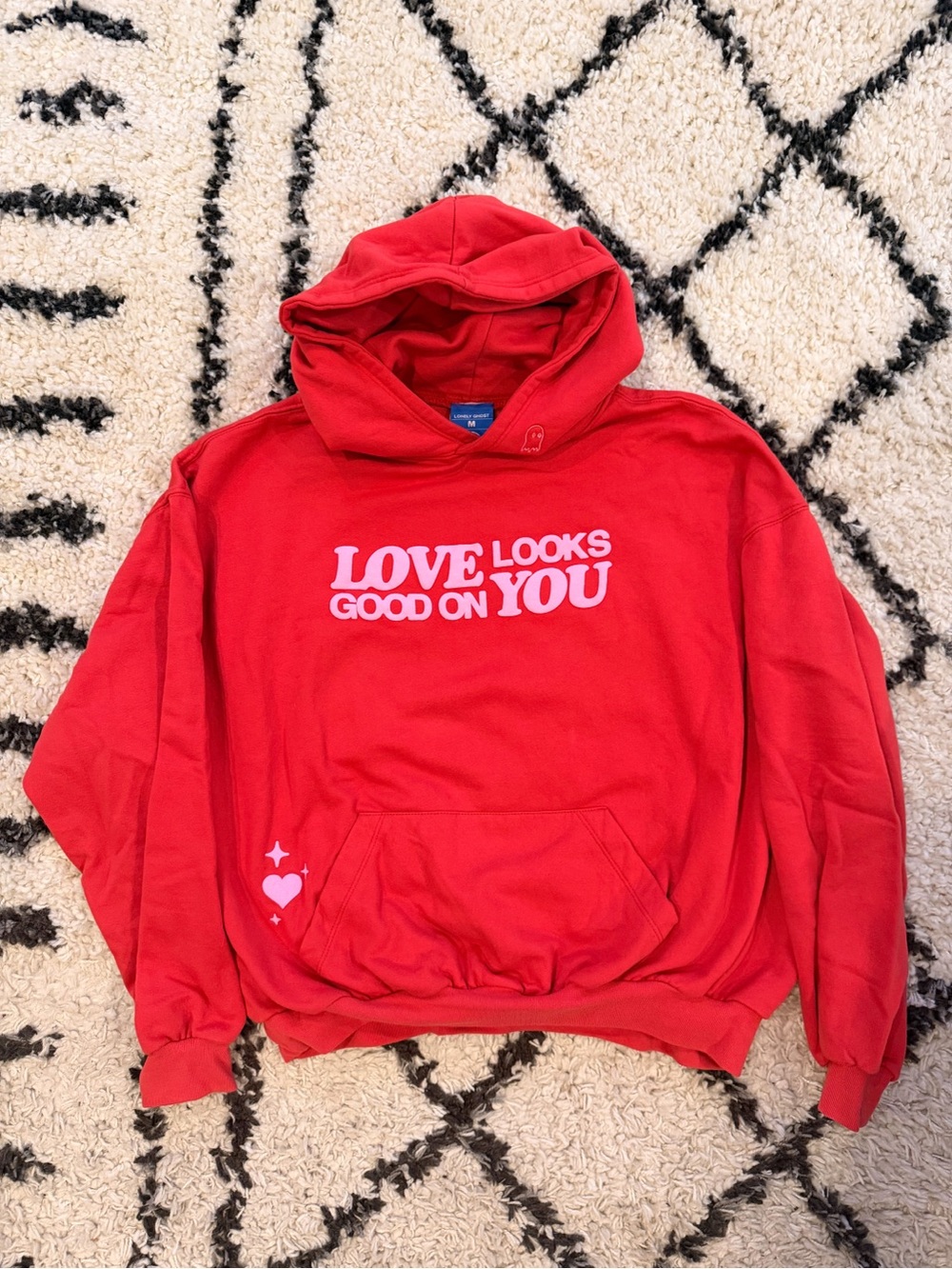 LONELY GHOST Red Hoodie with "LOVE LOOKS GOOD ON YOU" Graphic